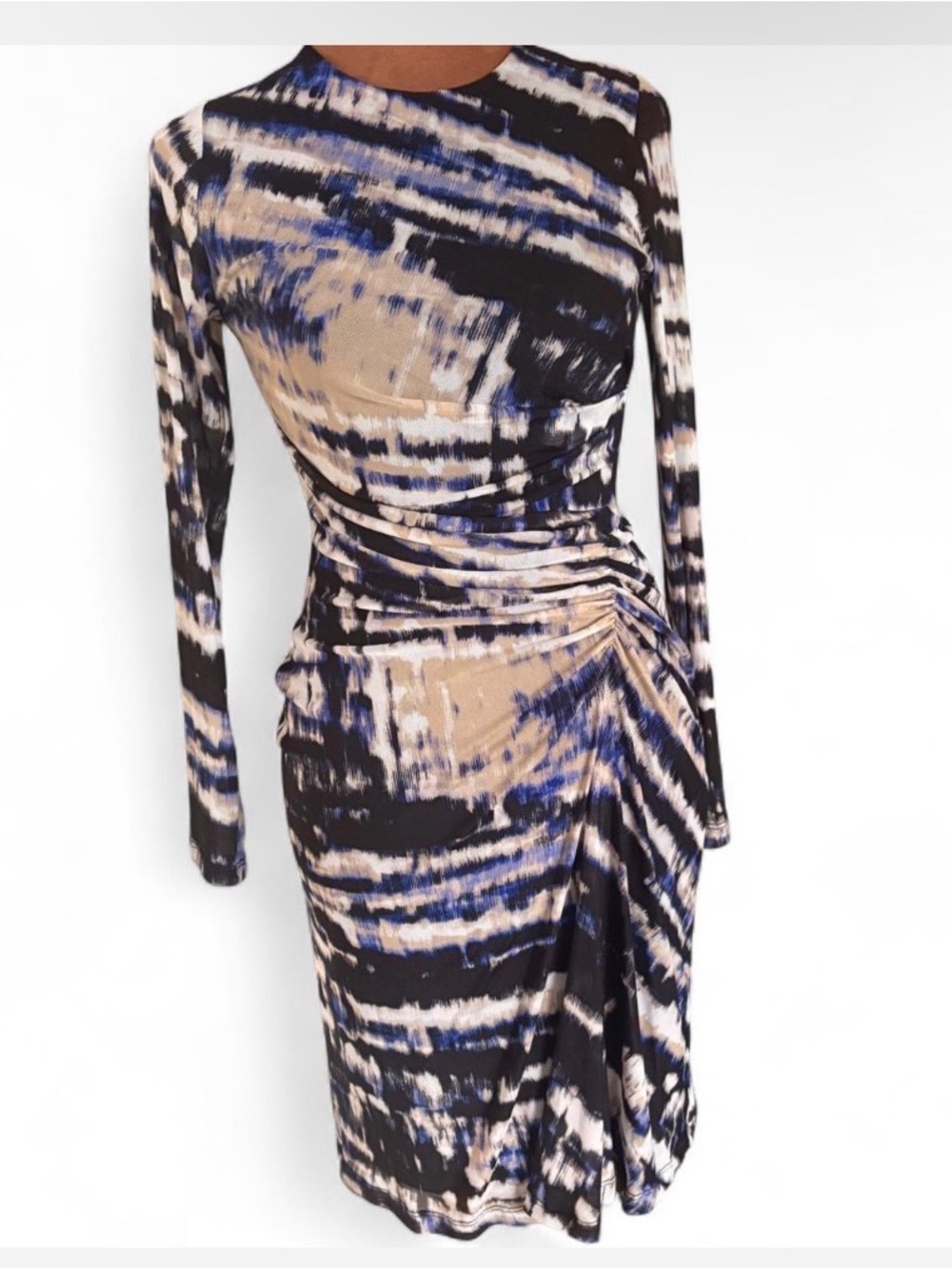 DKNY Abstract Print Long-Sleeve Sheath Dress in Beige, Black & Blue